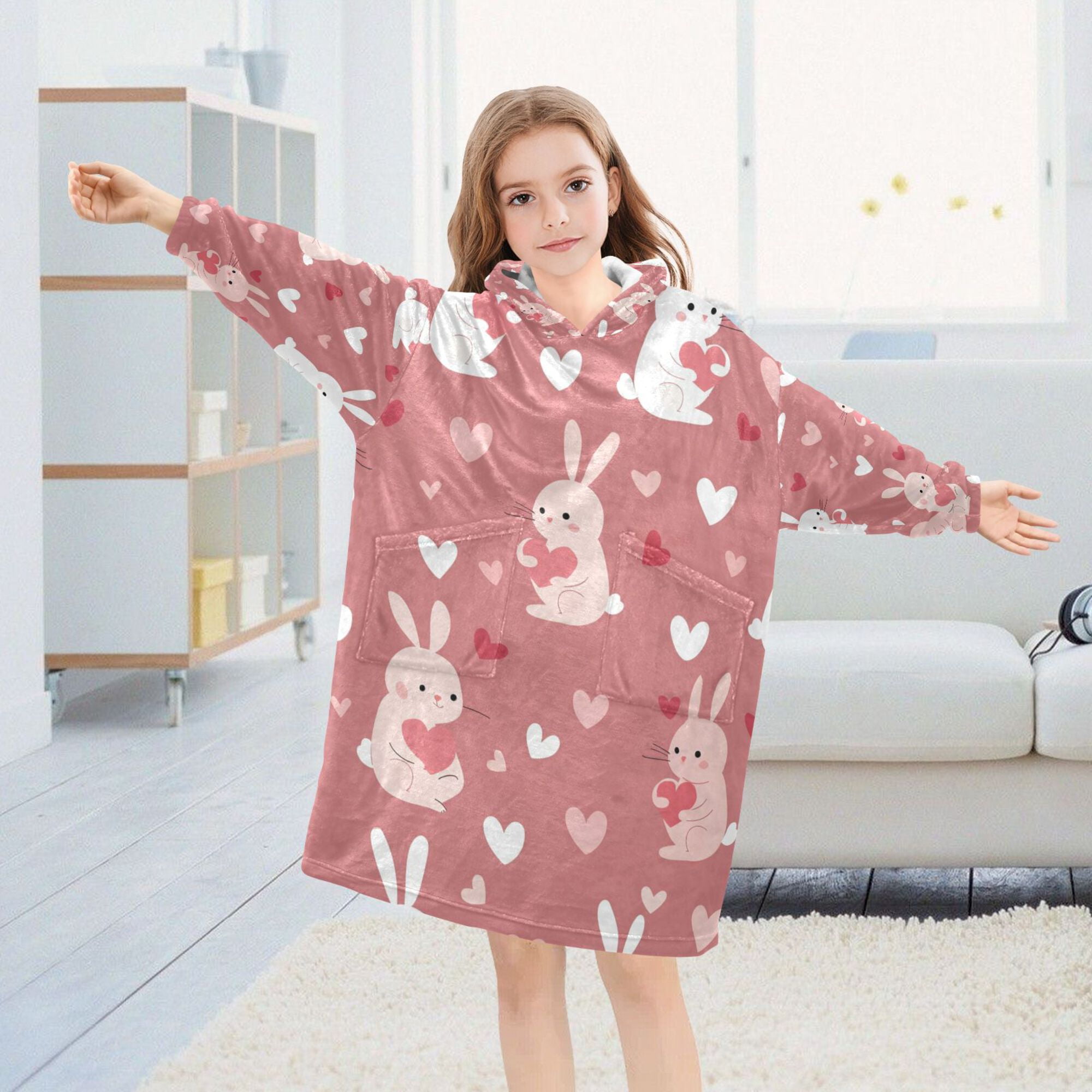 FORMRS Wearable Blanket Hoodie with Sleeves for Kids Cozy Flannel Sweatshirt, Bunny Love Blooms