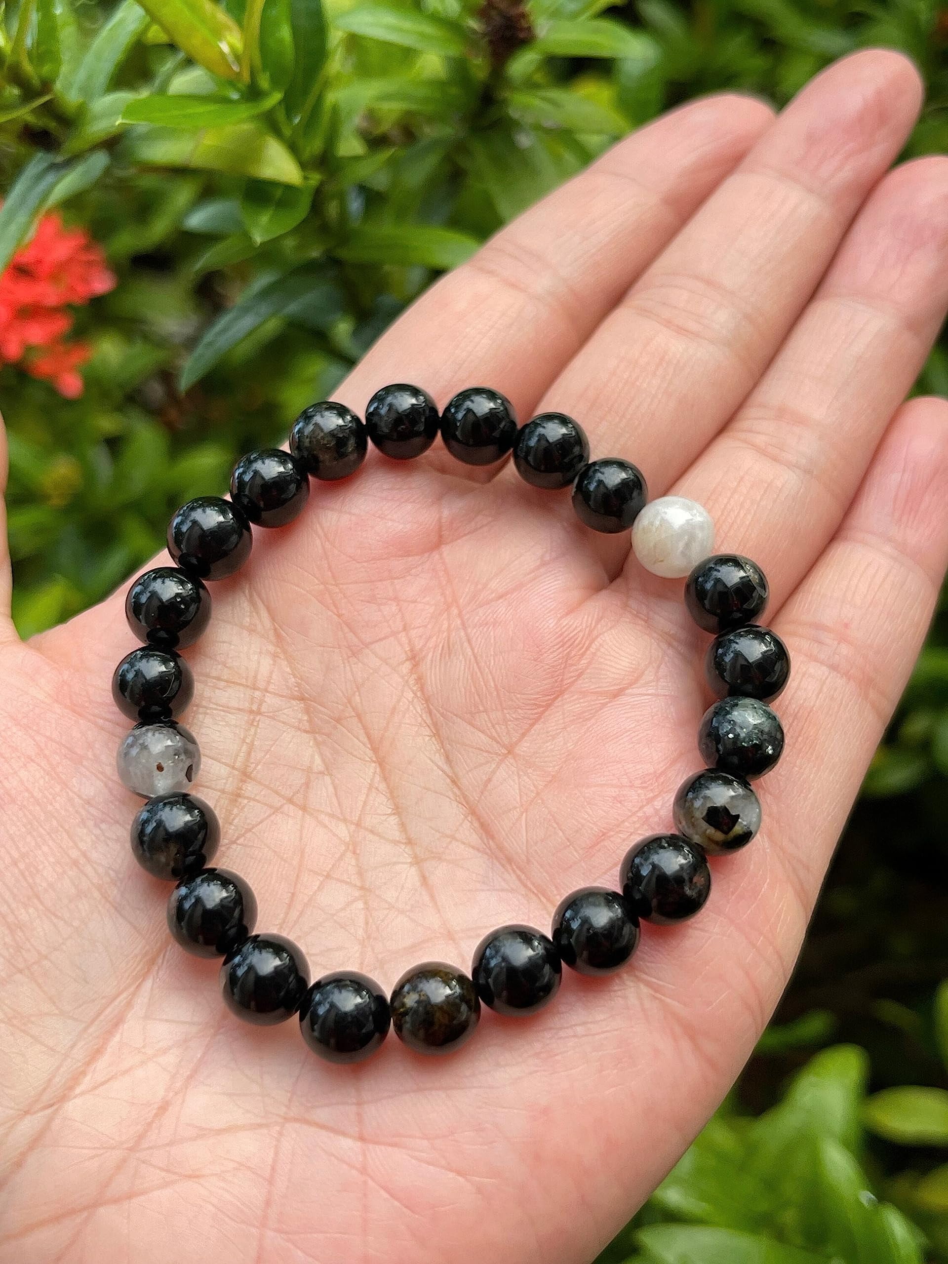 Black Tourmaline With Quartz Crystal Bead Bracelet 6-8mm, Wholesale Genuine Black Tourmaline With Quartz Stretch Gemstone Bracelet, Gift for Men & Women (5)