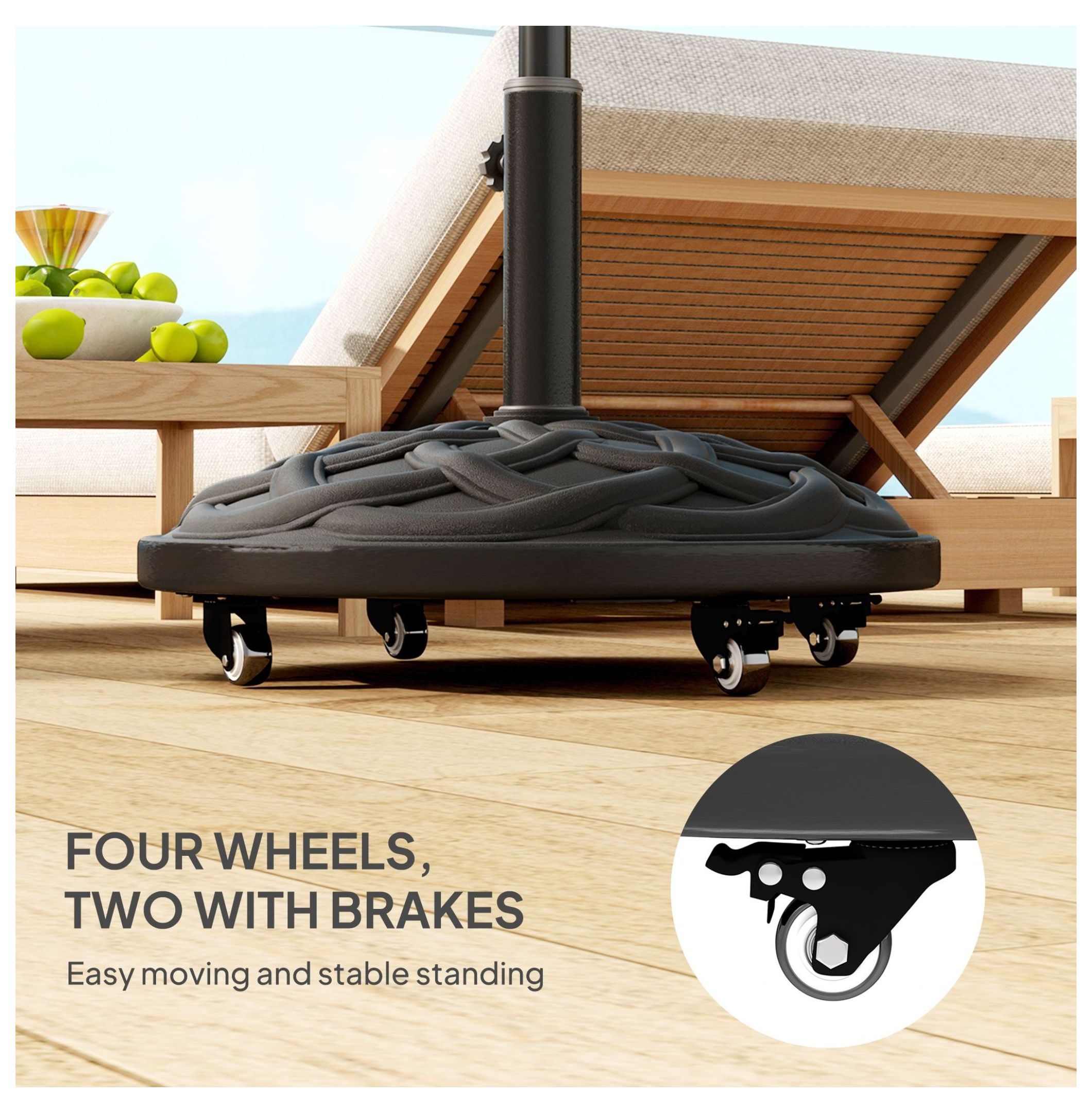 Patio Umbrella Base with Wheels - 44lbs Resin Stand - Heavy Duty Outdoor Umbrella Holder for 1.3-1.9" Poles - Black