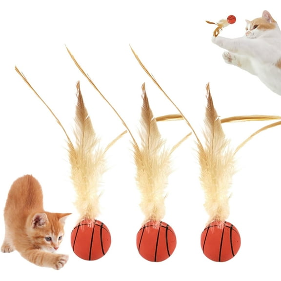3PCS Cat Toys Balls with Feather, Bouncy Feather Toy, Small Basketball Soccer Baseball Interactive Kitten Toys, Indoor Rolling Ball Teasing Stick Cat Dog Game Toy
