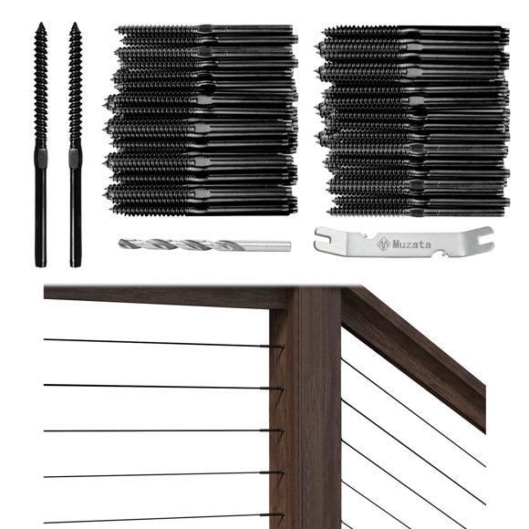 Muzata 120 Pack 1/8"" Black Cable Railing Hardware Kit Swage Lag Screws Left and Right Handed Thread for Wood Post T316 Stainless Steel Deck Cable Railing System 60 Pairs CK17
