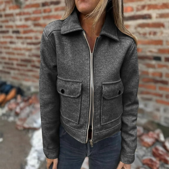 DAFPZW Wool Coats for Women Lapel Zip Up Copped Bomber Jacket Casual Long Sleeve Outerwear with Pockets 2025