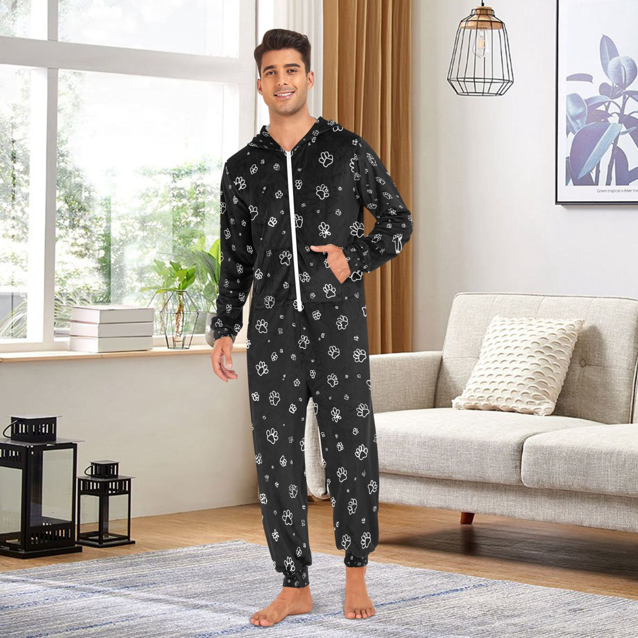 Adult Christmas Onesie Cute Cat Paws Adult Zipper One-Piece Pajamas Unisex Pajamas with Pockets