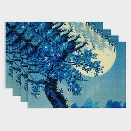 

Fenyluxe Blue Flowers Full Moon Table Placemats Set of 4 Linen Cloth Indoor Outdoor Dining Mats for Parties and Home Decoration 18x12in