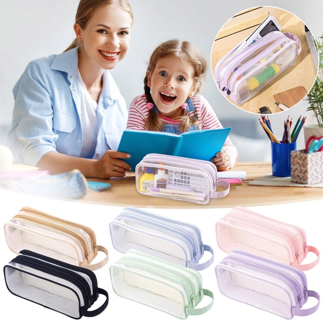 Estuche grande de malla con 2 compartimentos - Organizador transparente de maquillaje y material escolar para adolescentes, estudiantes y viajes