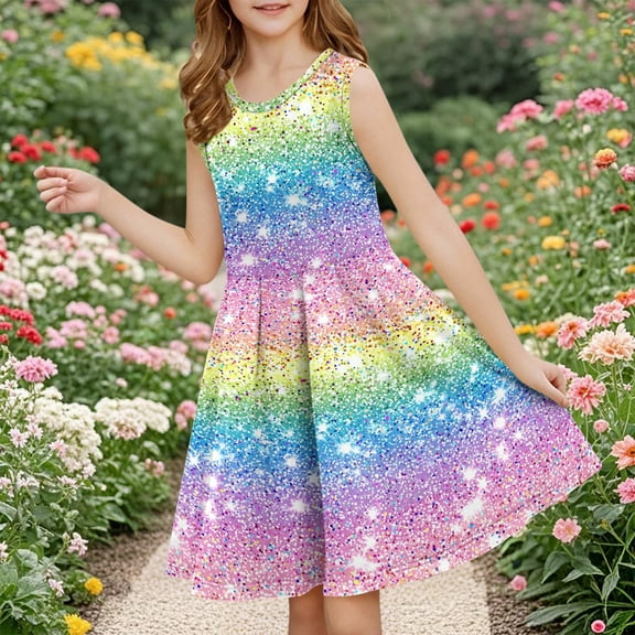 Delliss Girls Dresses Glitter Print Sleeveless Rainbow Skater Casual Simple Dress 4-14 Years