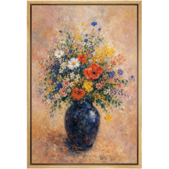 Framed Canvas Print Wall Art Vibrant Floral Arrangement in Blue Vase Vintage Botanical Art for Living Room, Bedroom, Office - 16"x24" NATURAL