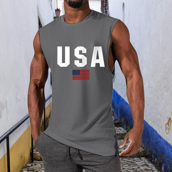Linfrsh Mens Tank Tops Summer Sleeveless Loose Crewneck Casual Print Tank Top Grey,3XL