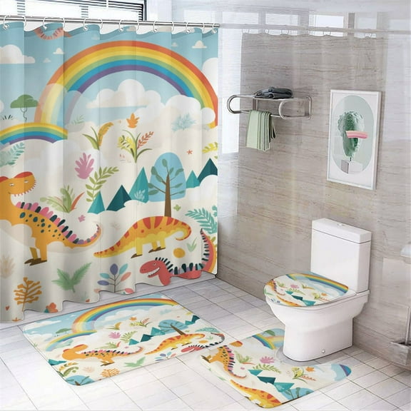 Dinosaur Shower Curtain Set Waterproof Bathroom Toilet Seat Cover Bath Non-slip Mat Rug Carpet Bath Decor