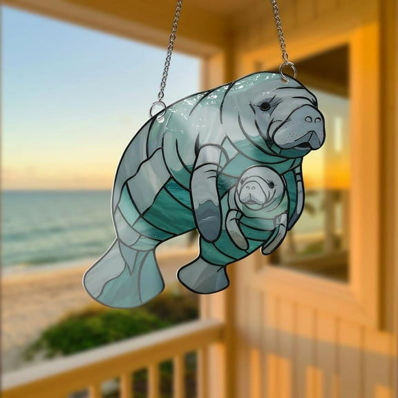 ViciArt Manatee Mom and Baby Acrylic Window Hanging, 4” Ocean Blue, Stained Glass Style Suncatcher