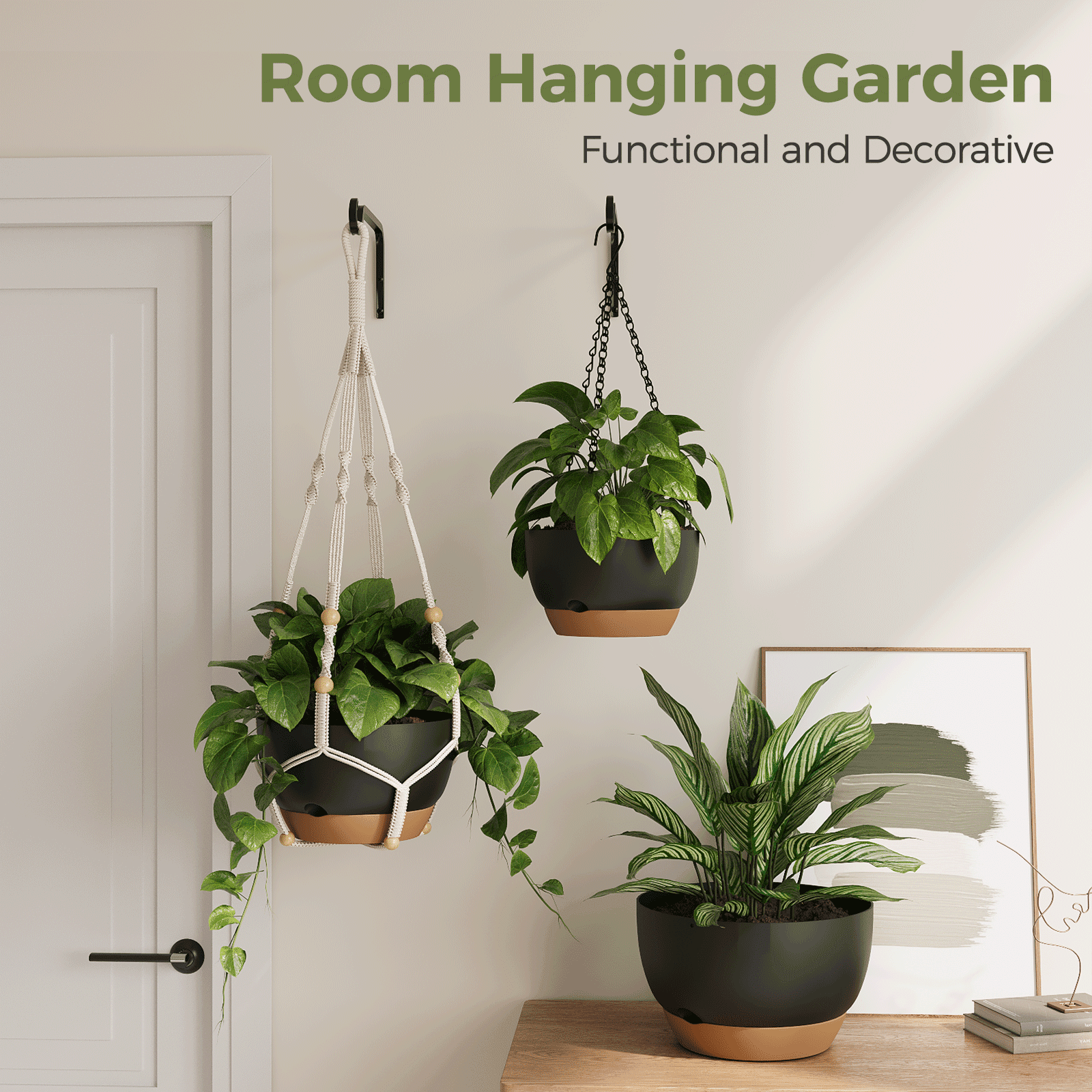 10 inch Plant Pot Hanging Planters Self Watering Pots for Indoor Plants, 3 Pack Plastic Hanging Basket with Removable Tray for Home Garden Porch Balcony Patio Decor,black
