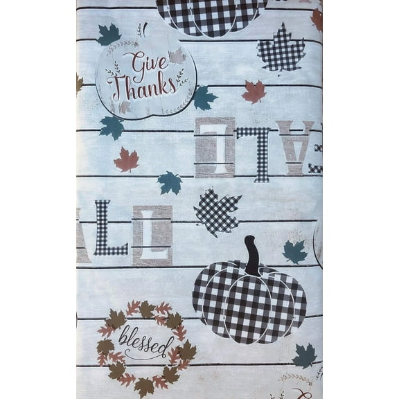Fall Rustic Plaid Pumpkins Leaves Wreaths and Sayings on White Wood Plank Vinyl Flannel Back Tablecloth (52" x 90" Oblong)