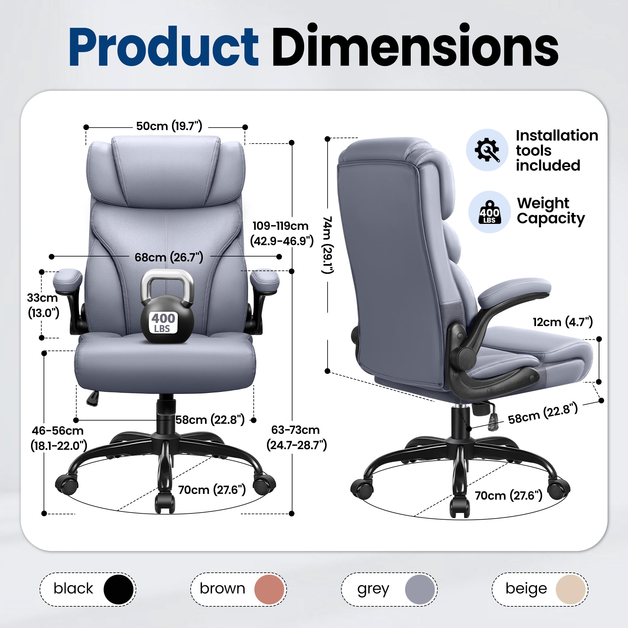 STACOO High Back Executive Office Chair 400lbs, Big and Tall Ergonomic Desk Chair with Lumbar Support & Flip-up Armrests, PU Leather Swivel Chair with Adjustable Height – Gray
