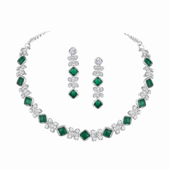 Parshwa Creations Women's Indian Bollywood Stlye Wedding Silver Plated Jewelry Crystals American Diamonds Alloy Necklace Set with Earrings