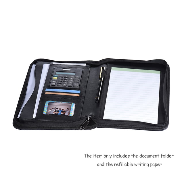 Stationery Portable Professional Business Portfolio Padfolio Folder Document Case Organizer A5 PU Leather Zippered Closure with Calculator Card Holder Memo Note Writing Pad