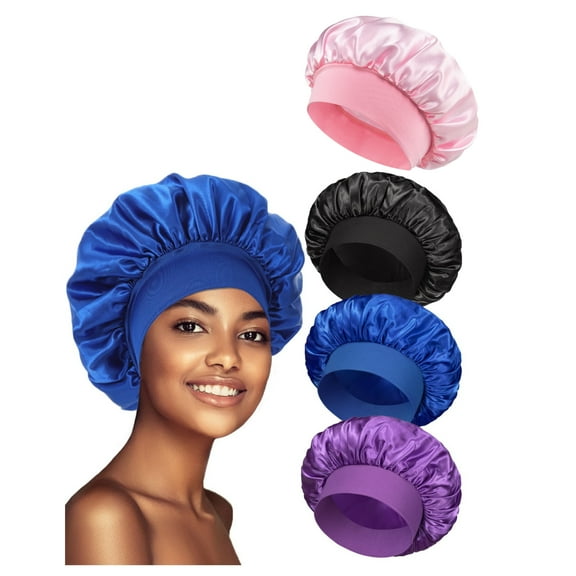 Airvexalon 4 Pack Satin, Soft Band Terylene Sleeping Bonnet, Black ,Blue, Purple Pink,-Large