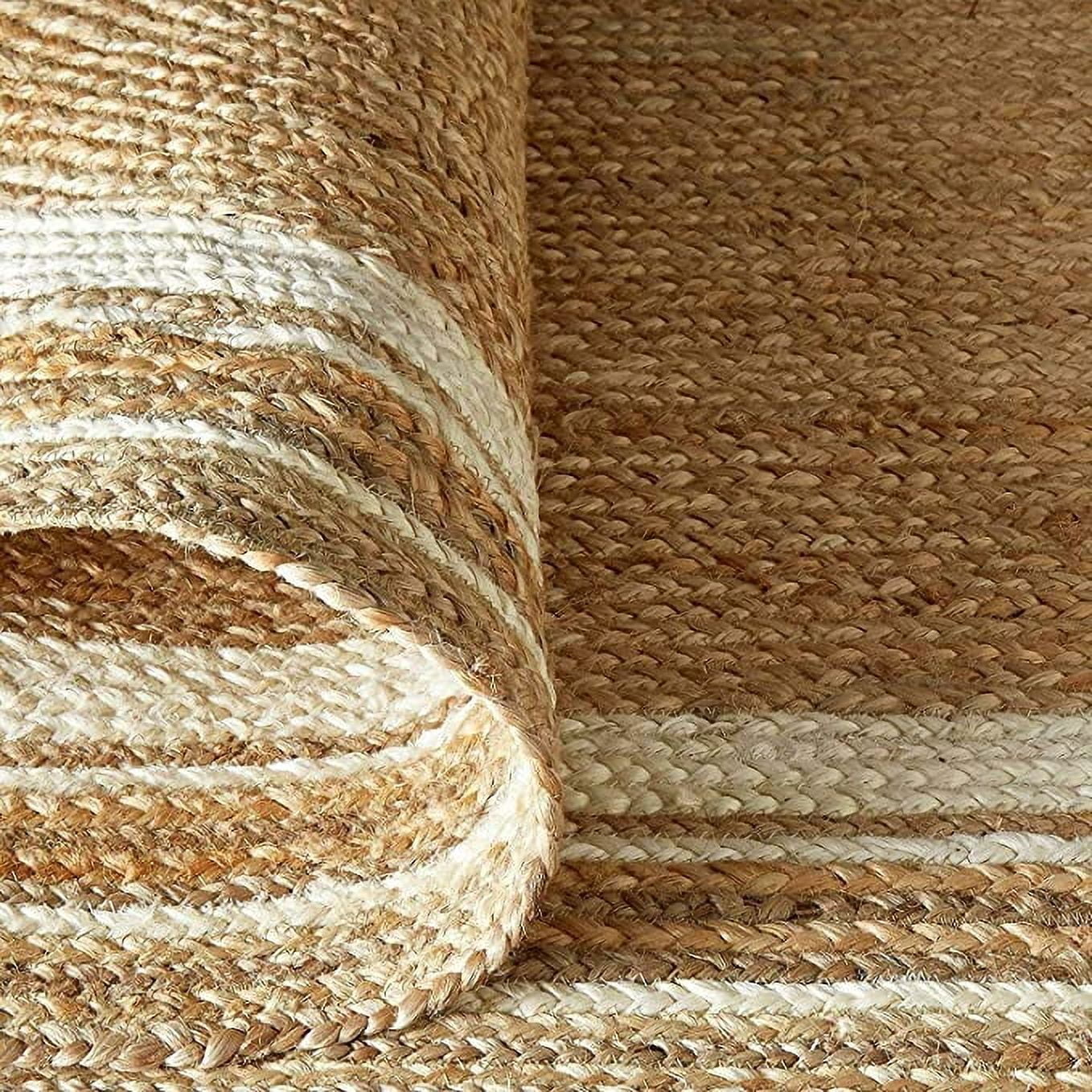 Ripaz Vogue Jute Rug Hand Woven Round Beige + White Border Living Room Area Rug, Farmhouse Rug (3 Feet Diameter)