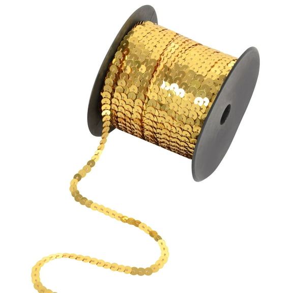 Flat Sequin Strip, 6mm String Metallic Sequin Strand, Paillette Metallic Sequin Trim Sewing DTY Craft Embellishment, 100 Yards, Gold