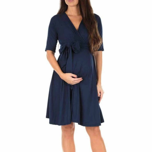 jovati Women Clothes Mid-Sleeved Solid Color V-Neck Waist Pregnant Woman Dress Pregnant Dress