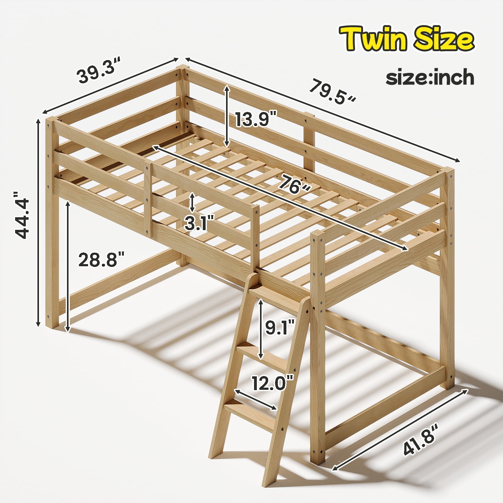 Kids Loft Bed, Twin Low Loft Bed - Solid Wood Convertible Bed with LED Strip Lighting and 6 Wooden Hooks, Transforms to Bunk Bed, Safe for Kids Room, Easy Assembly, Oak Finish