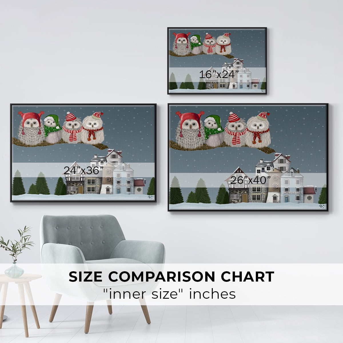 Christmas Christmas Owl Village - Framed Gallery Wrapped Holiday Canvas - 27 x 41 - Black Frame