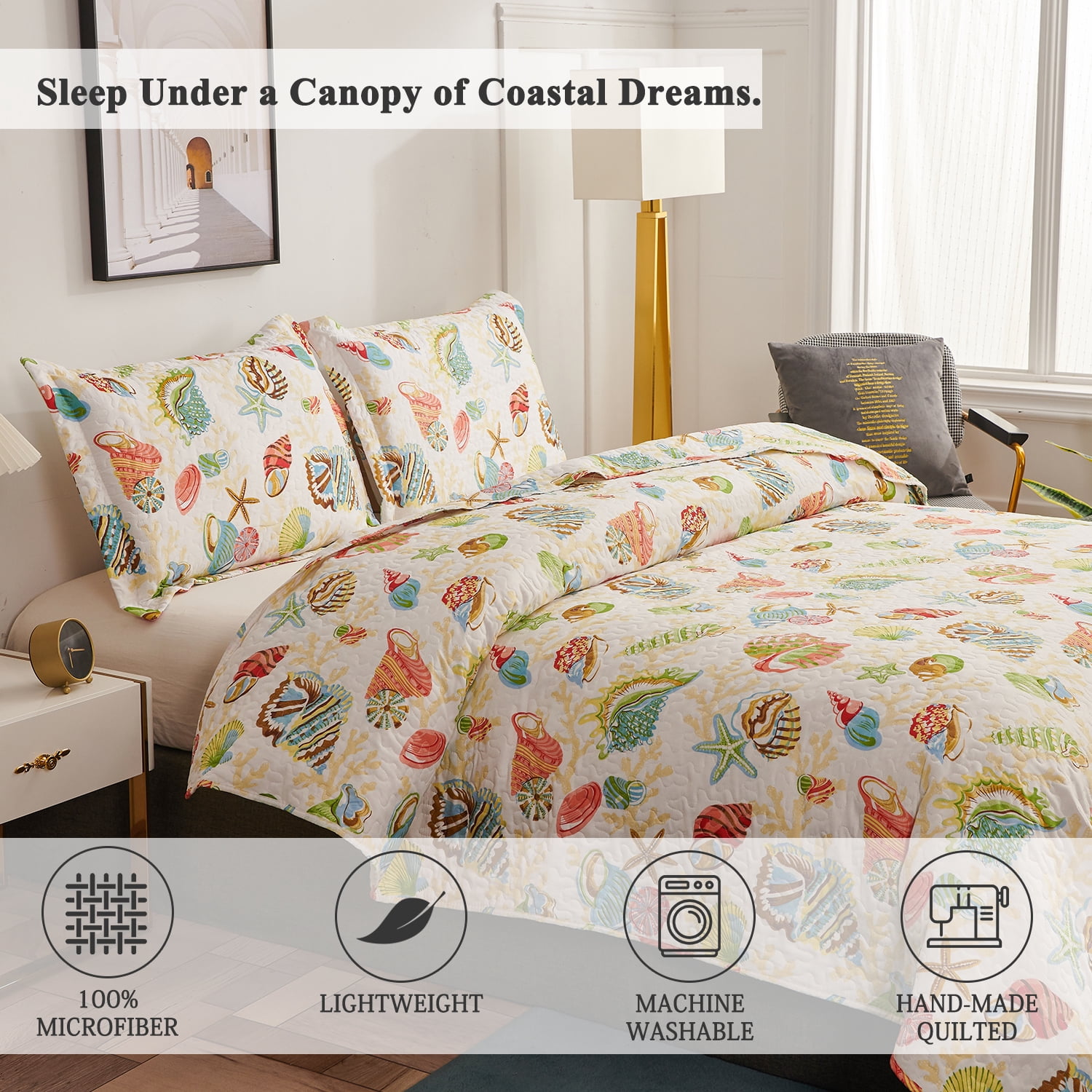 Jessy Home Quilt Twin Ocean Bedspread Microfiber Bedding Lightweight Yellow Coverlet