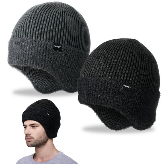 Bocaoying 2-Pack Men's Winter Toboggan Beanie with Ear Flaps, Cozy Fleece-Lined Thermal Trapper Hat for Ear Protection & Outdoor Warmth - Cold Weather Knitted Cap for Family and Partner