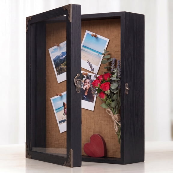 11x14 Shadow Box Frame with Glass Door, Rustic Solid Wood Display Case with Linen Board & 10 Pins, Deep Memory Box for Bouquets, Medals, Photos, Keepsakes, Wall & Tabletop