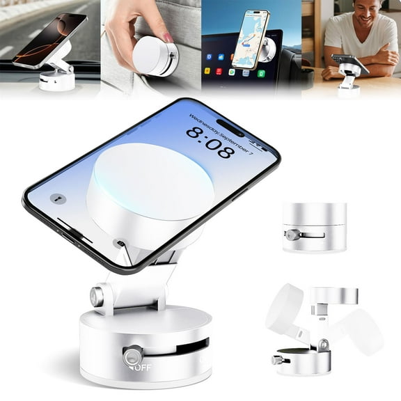 Sherry Foldable Magnetic Vacuum Phone Holder, 360° Electric Suction Car Mount, Double-Sided Swivel Stand for Car, Mirror, Gym, Kitchen, Hands-Free Portable Phone Holder (White)