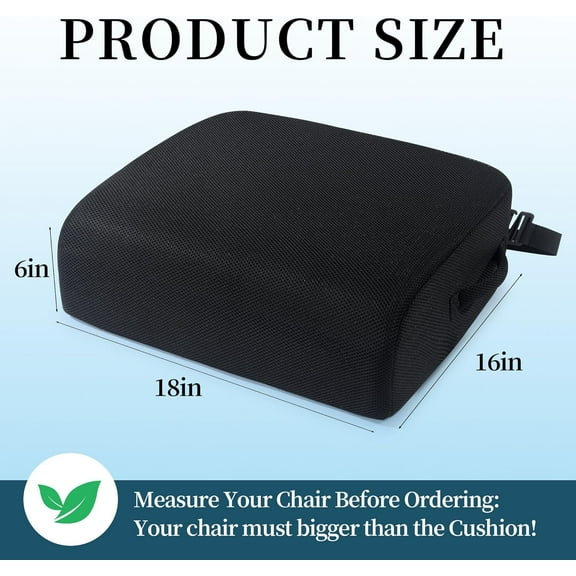 Extra Thick Chair Cushion - 18x16x6 Inch Black Seat Cushion for Office Chairs, Car Seats, Wheelchairs, and More