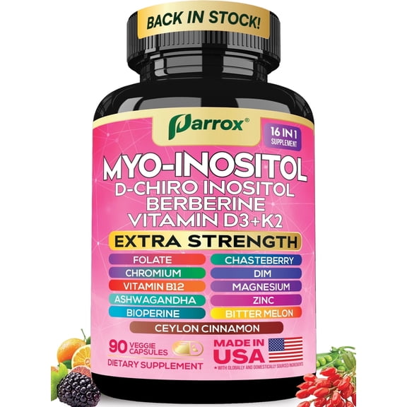 Parrox Myo-Inositol Supplement, Berberine, D-Chiro Inositol, Folate, Chromium, Vitamin D3, DIM, Chasteberry, Ashwagandha, Ceylon Cinnamon, Vitamin K2, Zinc, Magnesium, Bioperine, B12 (90 Capsules)