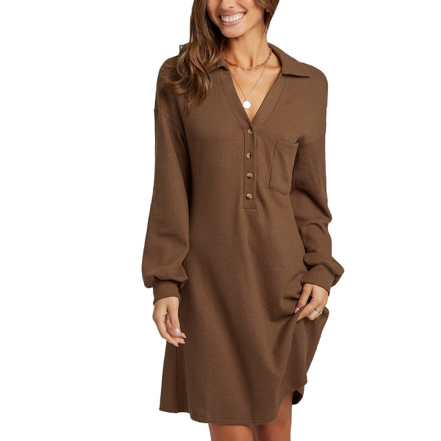 Vestido suéter para mujer,Vestido con cuello en V y puños roscados, Vestido de manga larga con cierre de botones, Vestido de señora, Estética elegante