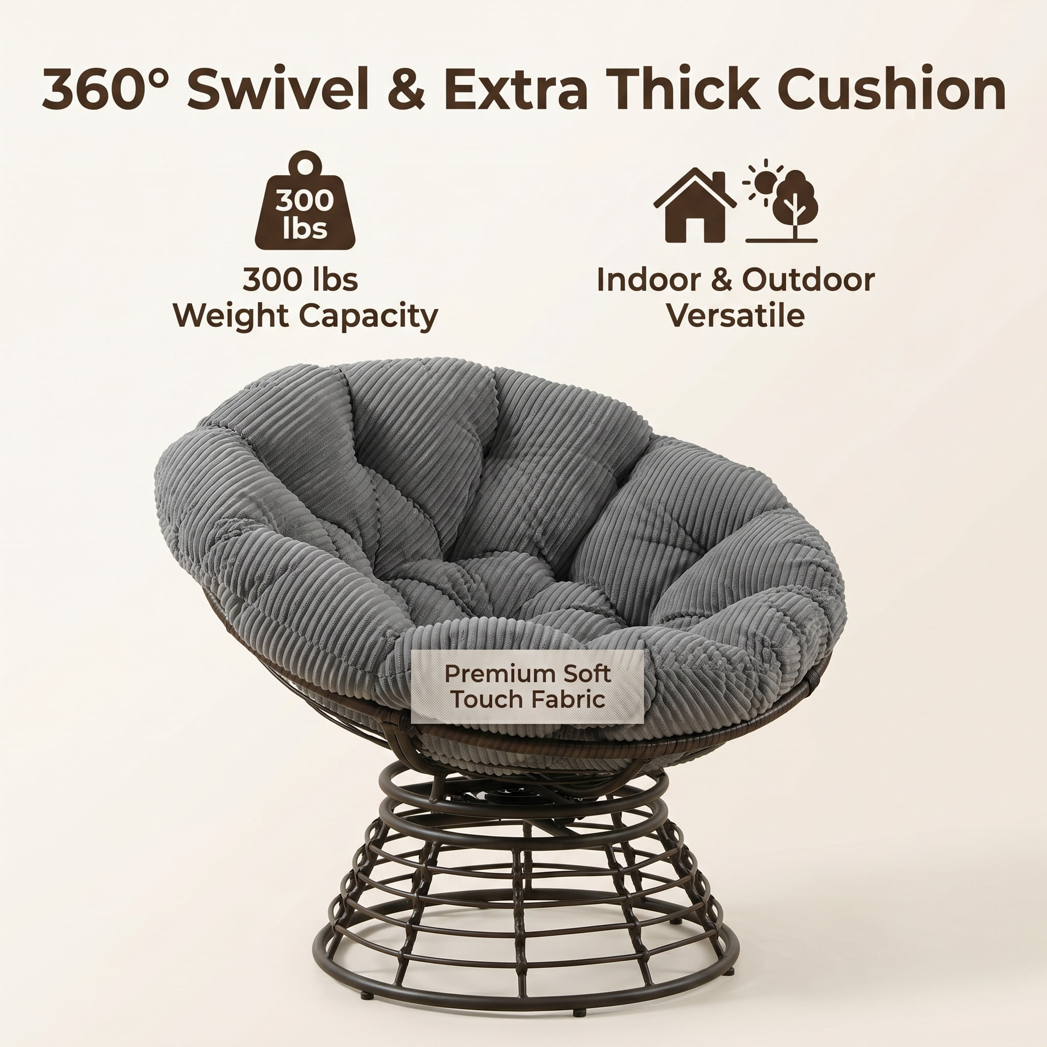 360° Swivel Wicker Papasan Chair with Ergonomic Over-Stuffed Cushion, Modern Rattan Saucer Chair for Living Room & Bedroom