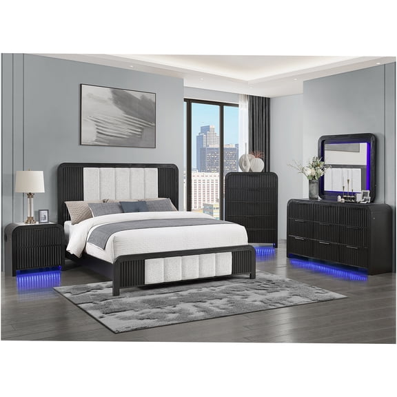 JERFIT 5-Piece King Bedroom Set with LED Lights, Cooler Nightstand, and Upholstered Low-Profile Platform Bed in Black and White