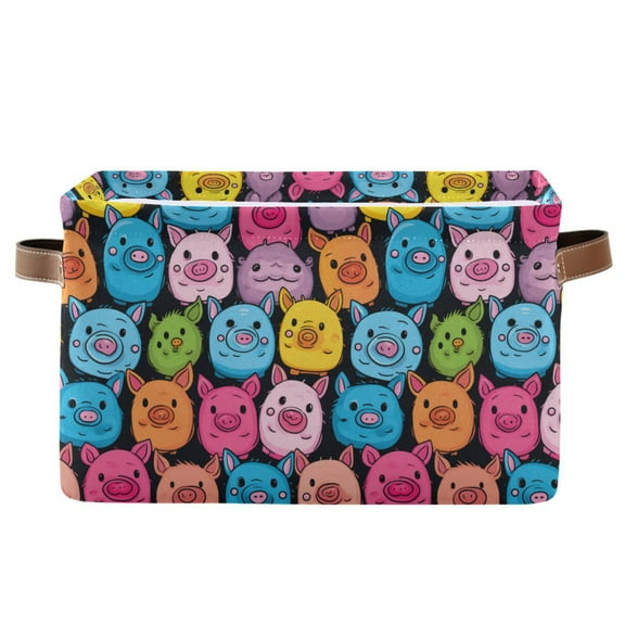 Colorful Pig Face Storage Bins with Handle Fabric Organizer Basket Foldable Box 1 Pack 14.2x10.2x8.3