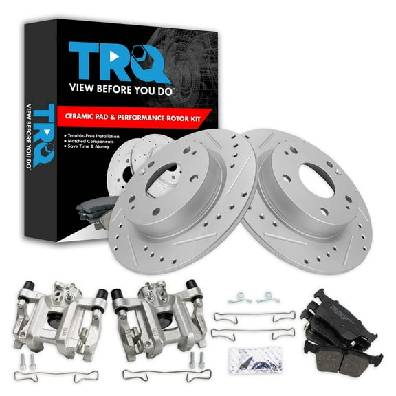 TRQ Rear Performance Brake Pad & Rotor Kit Brake Caliper Brake Pads Brake Rotors Set Ceramic Solid Premium G-Coated Fits Select 2016-2019 Honda Civic