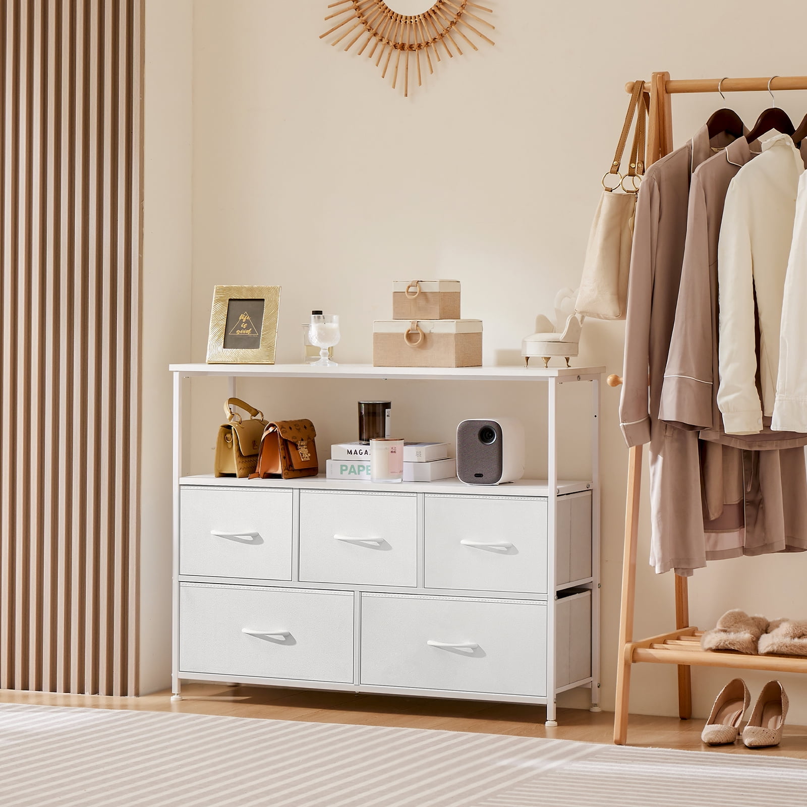 CONCETTA TV Stand Dresser with 5 Fabric Drawers and Open Shelving, Multi-functional Storage Unit Fits TV up to 45 inches for Bedroom Living Room Hallway, White