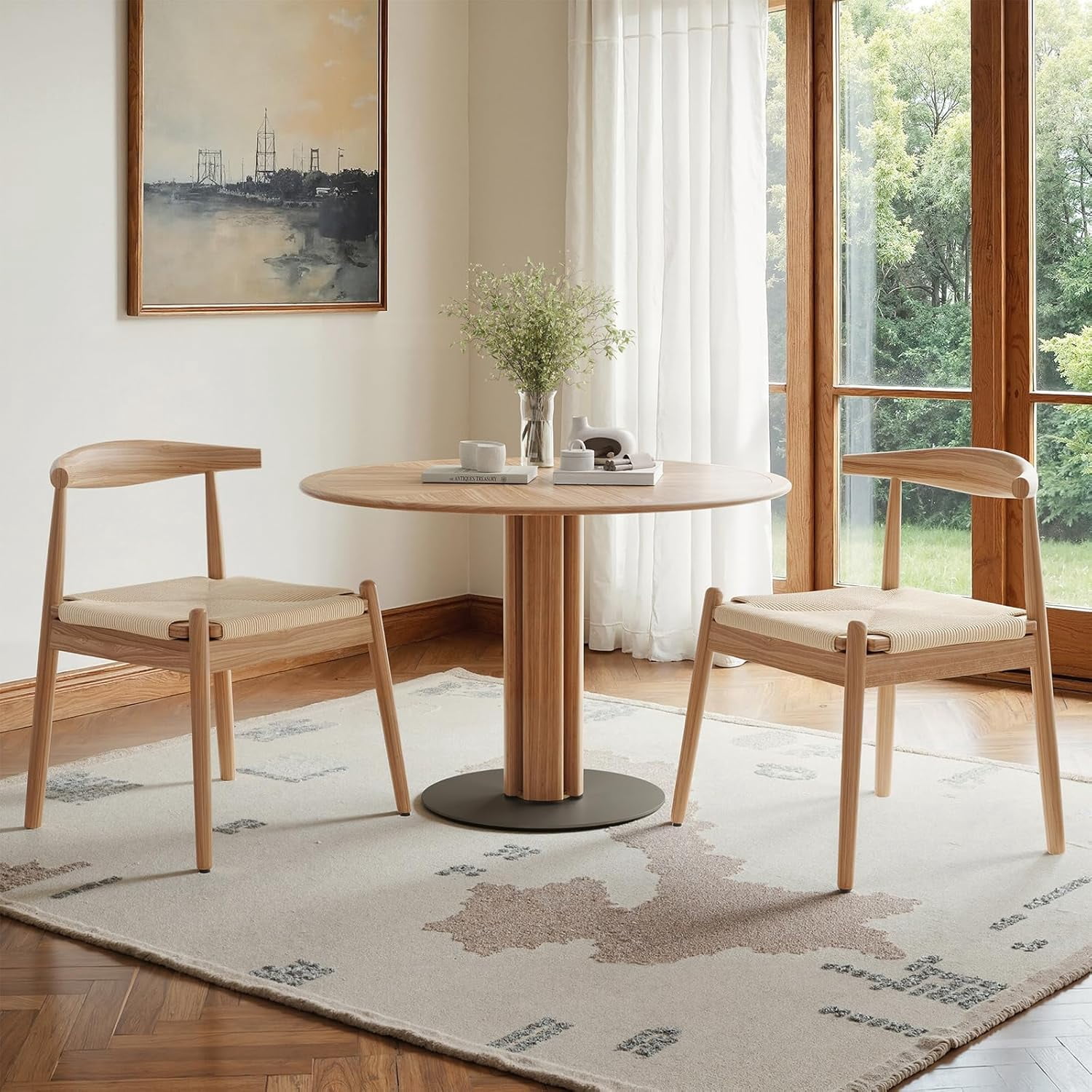 Farini Mid-Century Dining Chairs Set of 2, Solid Wood Frame & Woven Leather Seats, Nature-Beige