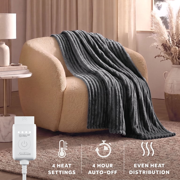 Sunbeam Heated Channeled Faux Fur Throw Blanket, Gray photo 3