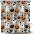 thumbnail image 2 of Happy Halloween Shower Curtain Cute Cartoon Pumpkin Spooky Ghost Orange Pumpkin Head Icons Funny Black Cat Spider‘s Web Skull Skeleton Witch Hat Fabric Bath Curtain Set with Hook, 2 of 4