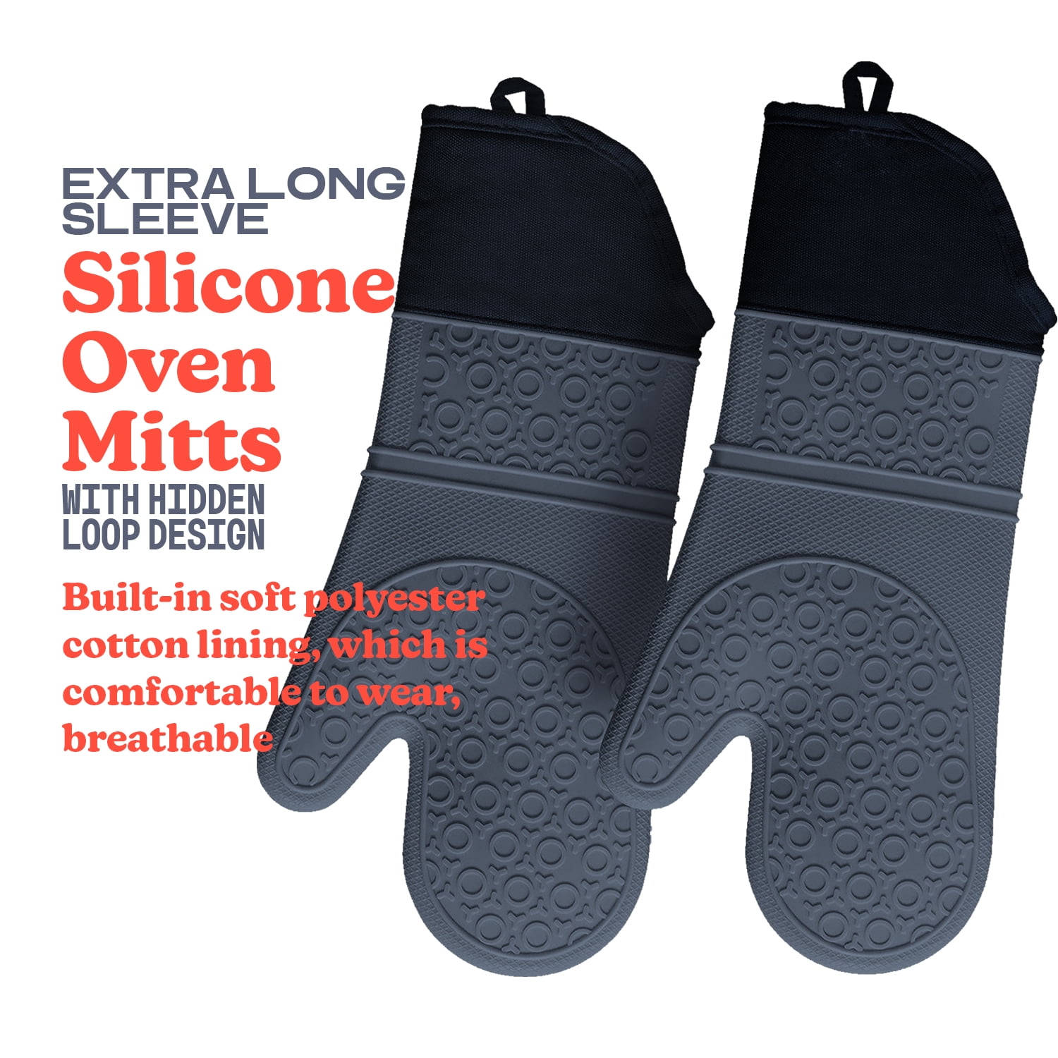 BPA-Free Soft Silicone Oven Mitts - Ultra Heat Resistant Oven Mitts with Thick Cotton Liner - Extra Long Slip Resistant Pot Holders, Flexible Oven Gloves - Gray 14.7"