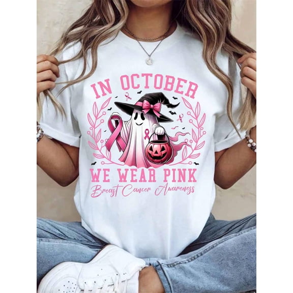 In October We Wear Pink Breast Cancer Awareness Halloween Ghost Witch Shirt Women Funny Autumn Festival Graphic Tee Top