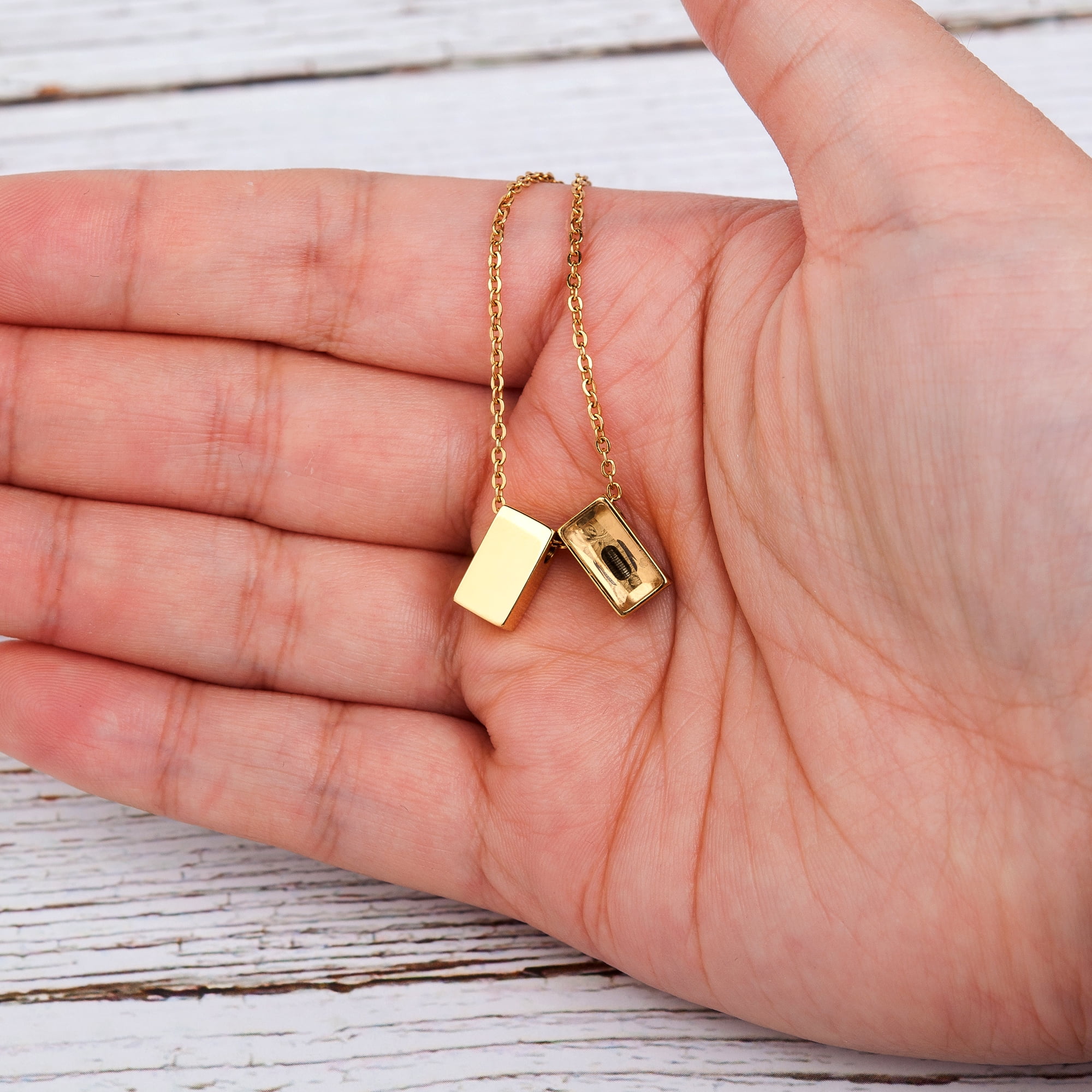 Anavia See You Cremation Necklace for Ashes, Mini See Through Urn Necklace, Mini Cube Cremation Pendant, Cremation Jewelry, Memorial Jewelry, Mini Urn-[Gold]
