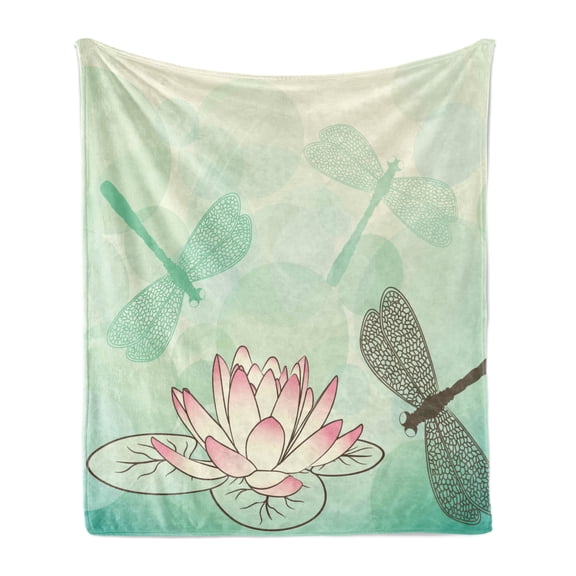 Lotus Flower Soft Flannel Fleece Throw Blanket, Exotic Blossom Pinkish Petals Water Lily and Dragonflies on Pale Backdrop, Cozy Plush for Indoor and Outdoor Use, 50" x 60", Multicolor, by Ambesonne