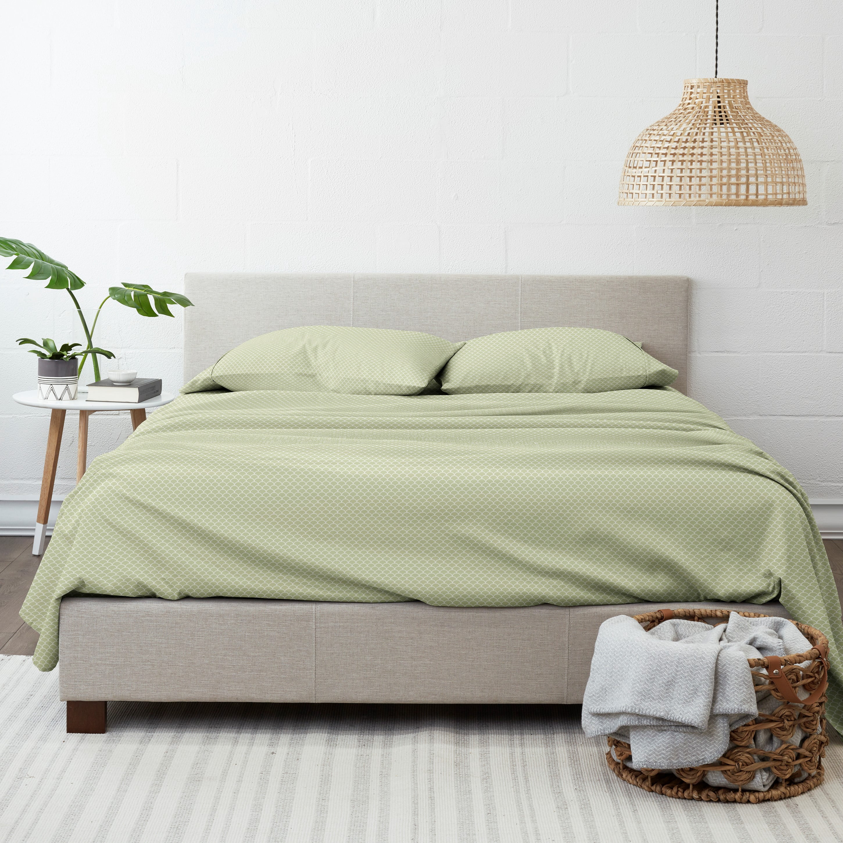 Noble Linens 3 Piece Pattern Microfiber Bed Sheets Set, Sage Scallops, Twin