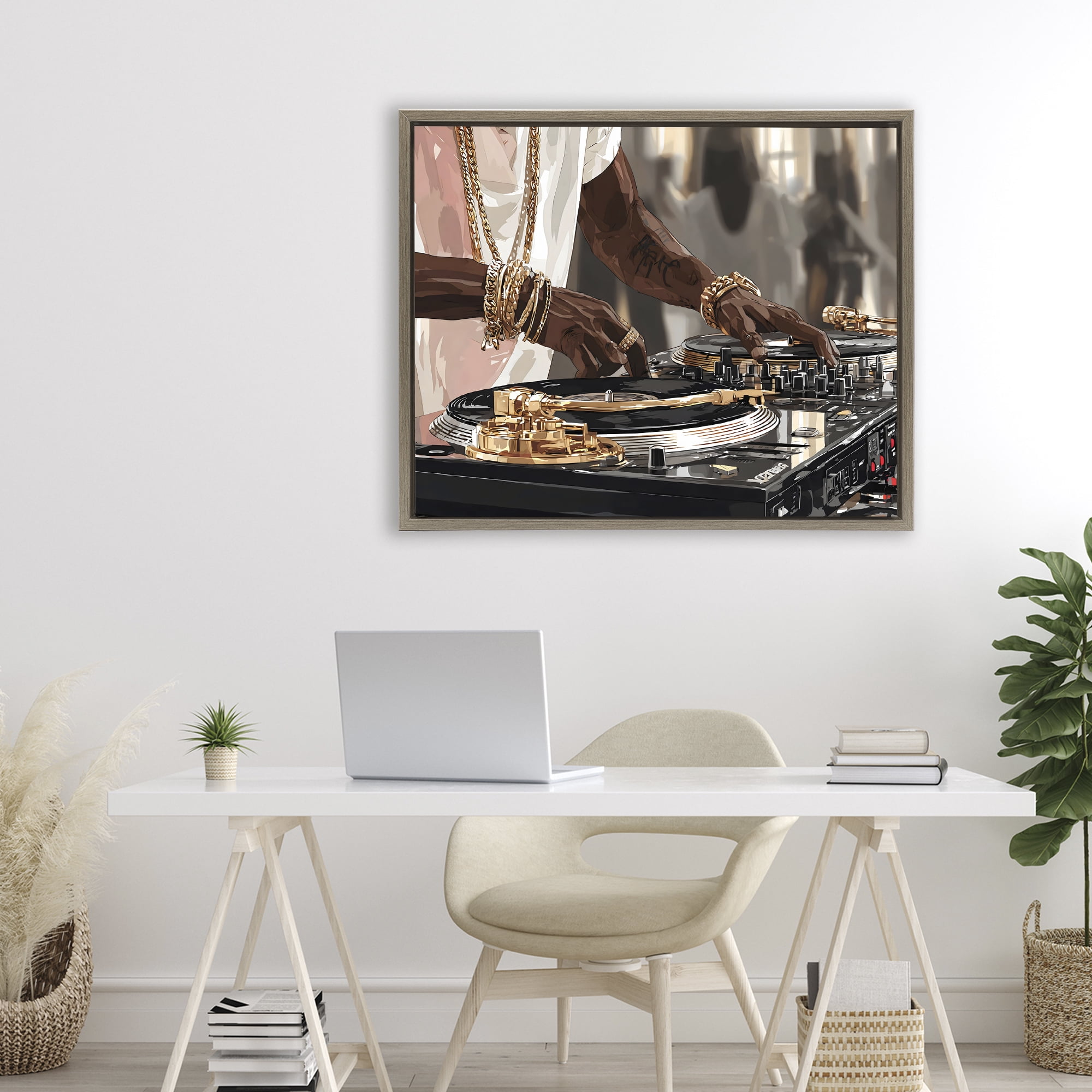 Stupell Industries Golden Sound DJ Turntables Brown Framed Floater Canvas Wall Art, design by Franklyn Gregory