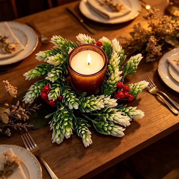 8 in Christmas Candle Ring, Artificial Flower Candlestick Wreath for Dining Table, Wedding, Party and Holiday Centerpiece
