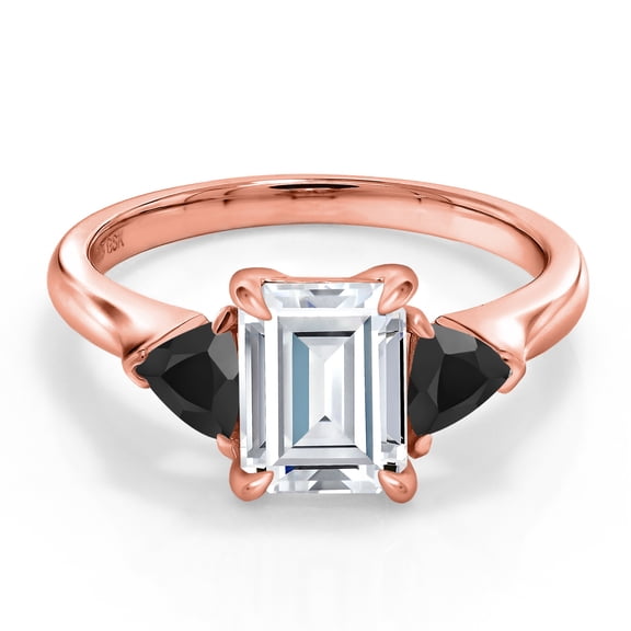 Gem Stone King 18K Rose Gold Plated Silver White Moissanite and Black Onyx 3-Stone Ring for Women (1.99 Cttw, 8X6MM Emerald Cut and 3.5 Trillion, Gemstone Birthstone, Size 8)