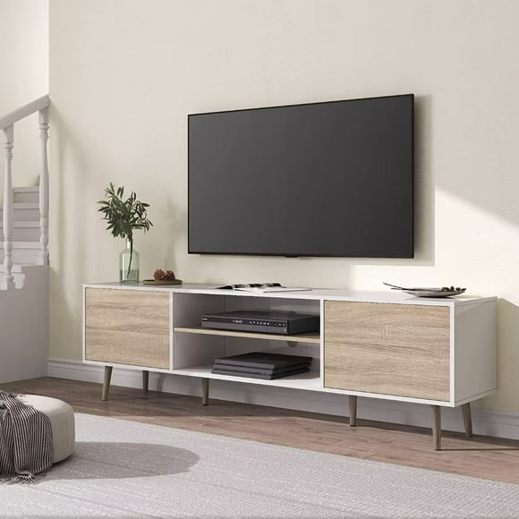 WAMPAT Mid-Century Modern TV Stand for TVs up to 75 inch TV Console Media Cabinet with Storage Shelf, Home Entertainment Center with Doorsfor Living Room Bedroom, 70", White&Oak