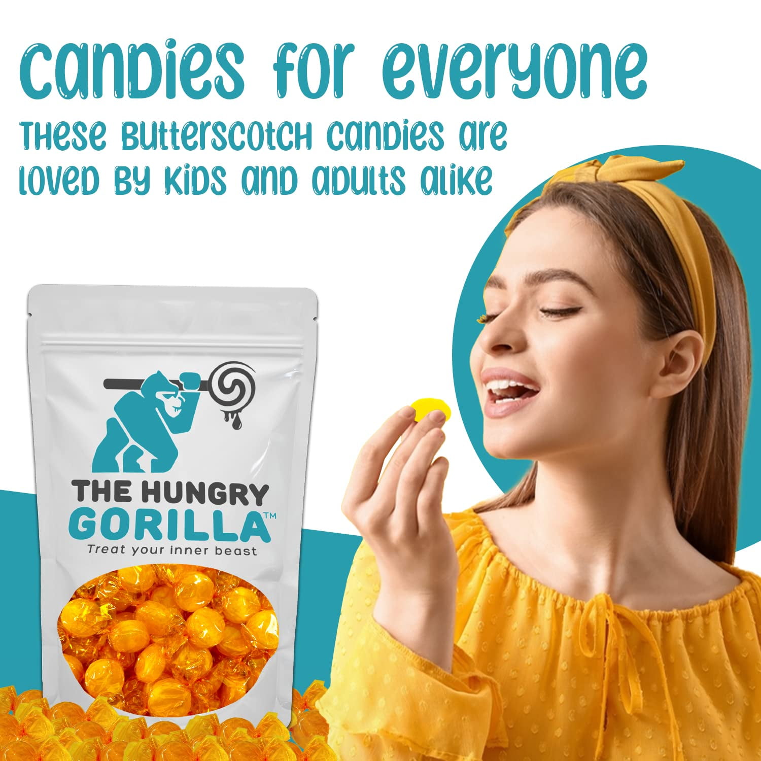 Butterscotch Hard Candy - Old Fashioned Butterscotch Flavor, Individually Wrapped Bulk 5lb Resealable Stand-Up Bag by The Hungry Gorilla - Gluten Free